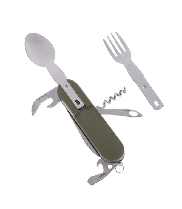 Джобен нож с прибори за хранене 7в1 преносим комплект калъф за колан