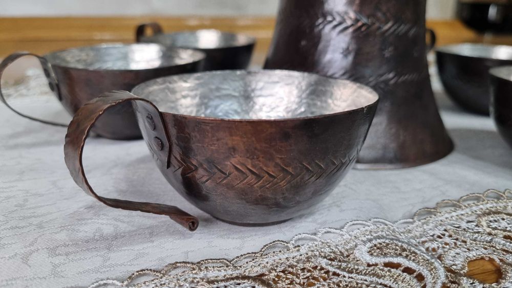 Ръчно изработен меден сервиз за кафе - джезве и 6 чаши