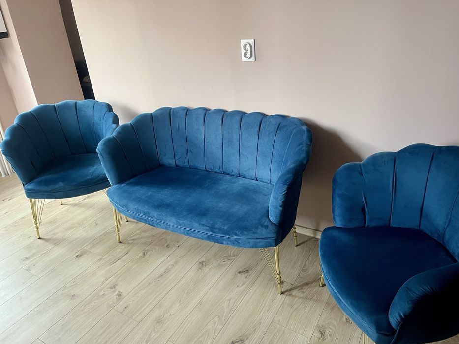 Set canapea cu doua fotolii din catifea albastru inchis