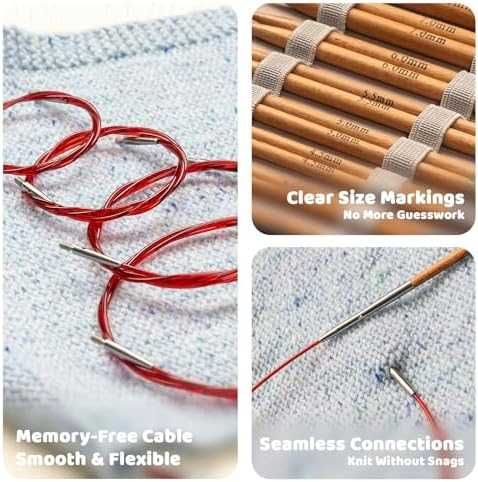 Нови Професионални дървени игли за плетене – 10 размера с аксесоари