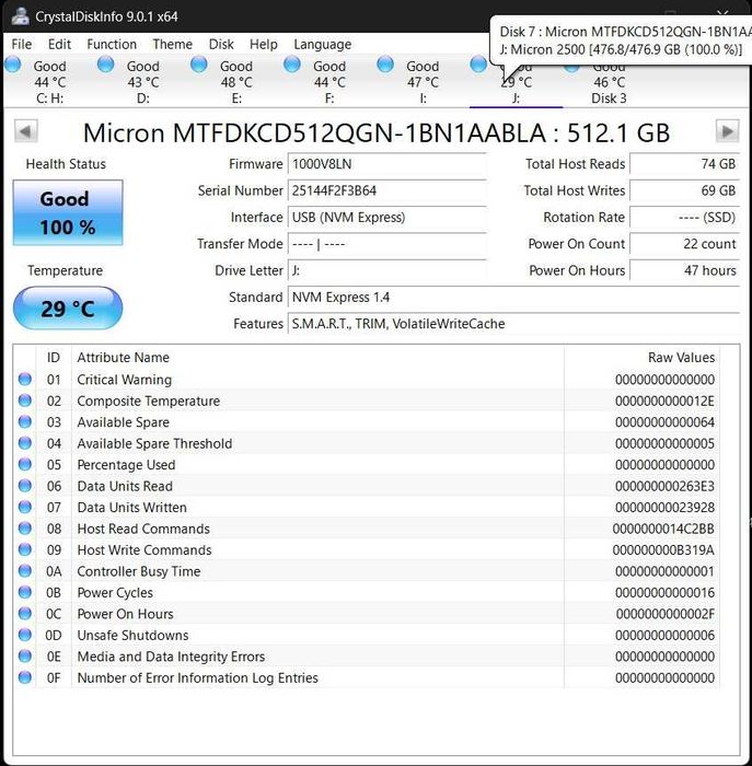 ССД: Micron 2500 512GB - M.2 NVME / Gen 4 / 2242