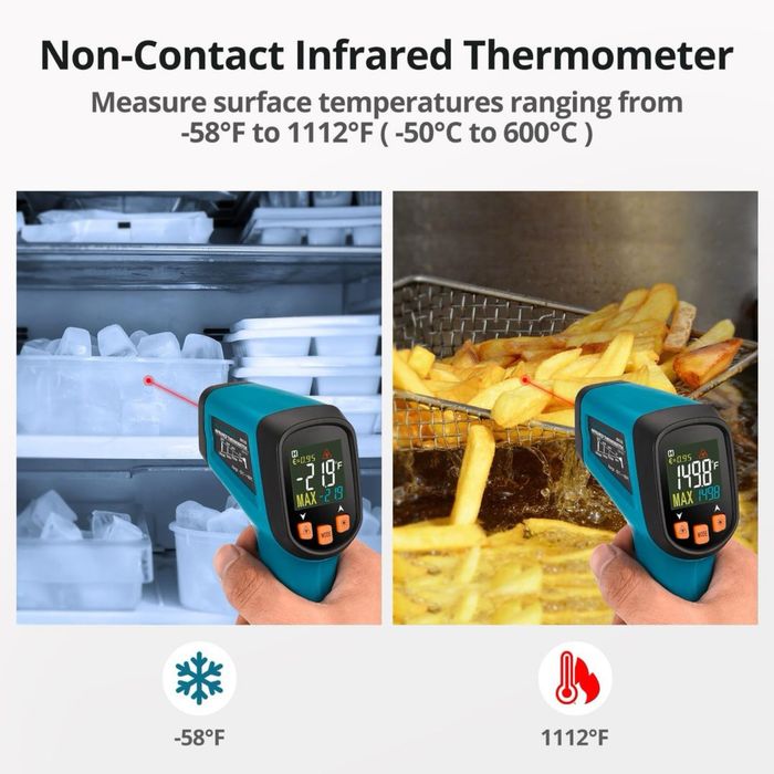 Termometru infraroșu Tilswall IR03B – Laser, -50°C…600°C, LCD, non‑contact (grătar/bucătărie/industrie)