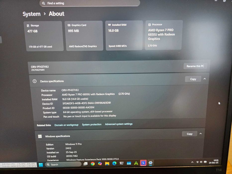 Lenovo Thinkpad T14 gen 3, Ryzen Pro 7, 16GB Ram, 512GB, garantie