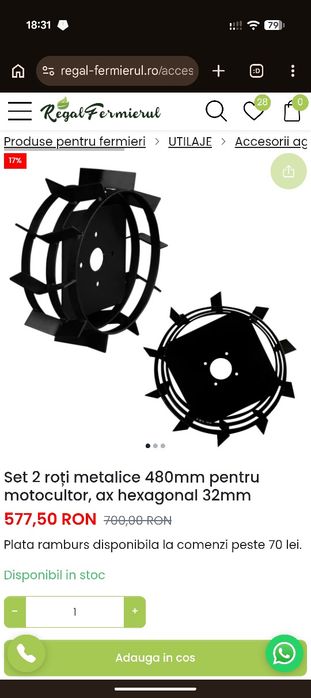 Set 2 roți metalice 480mm pentru motocultor, ax hexagonal 32mm