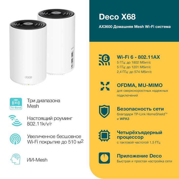 TP-Link Deco X68 (3-2-1 pack) / AX3600 Wi-Fi 6 Home Mesh Роутер 1.4+
