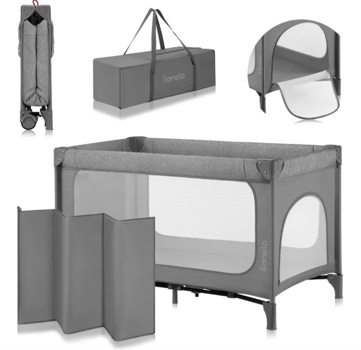 Patut pliant, Lionelo, Jasmin Easy Fold, Pana la 15 kg, Usor de pliat, Cu doua nivele, Cu saltea ergonomica T25, Cu intrare laterala cu fermoar