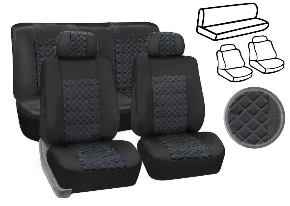 Кожена тапицерия -  Черно със син шев