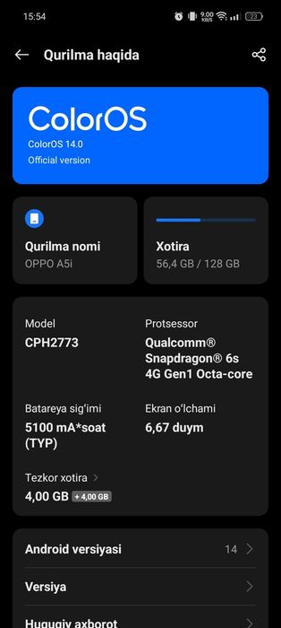 Oppo a5i 4/128xotira xolati oʻrta narx 500ming