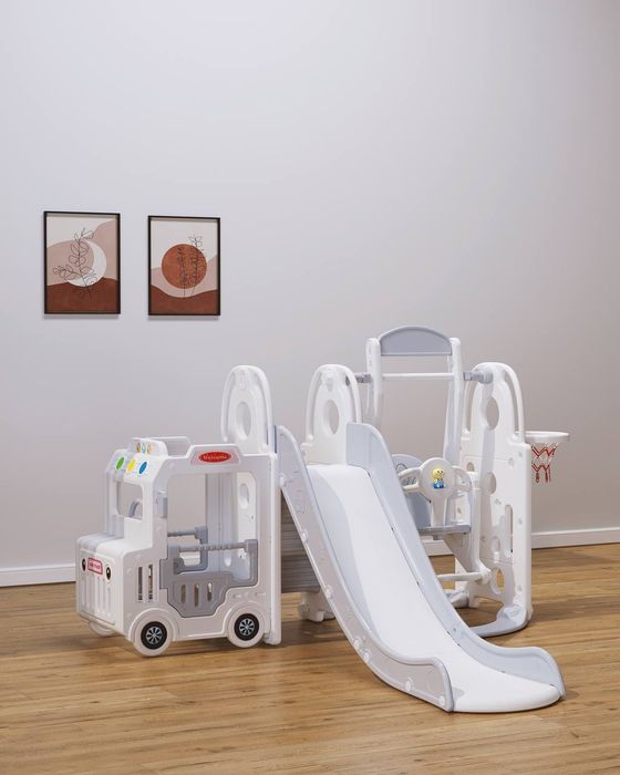 Детская игровая площадка с горкой,качелей,баскетбольный кольцом.