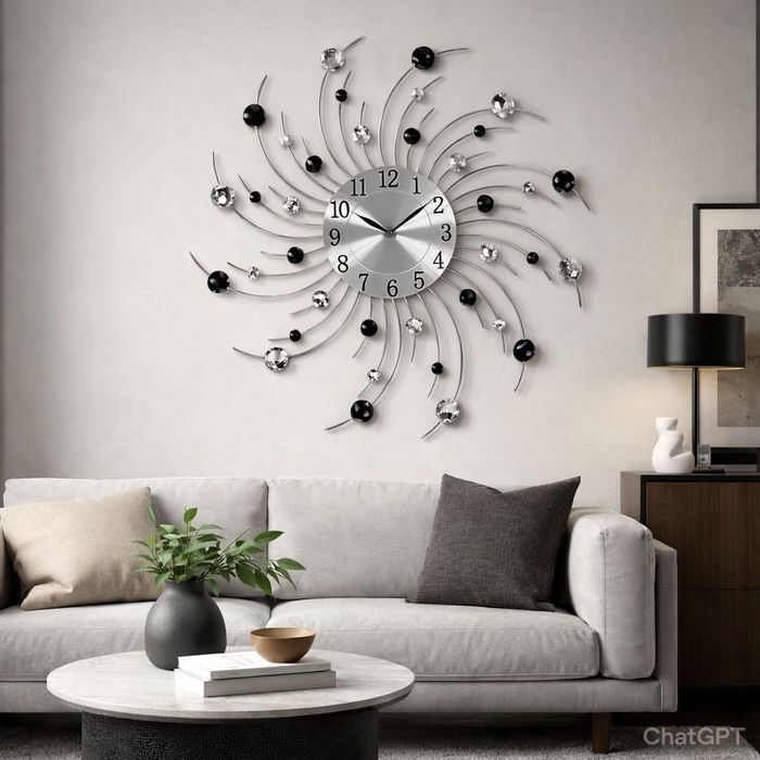 Стенен часовник с кристали , 50 см, Кварцов механизъм, Безшумен