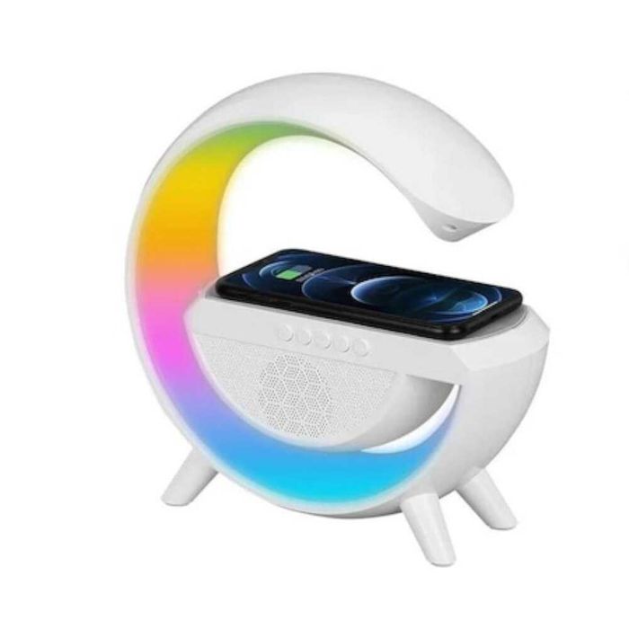 Модерна LED Настолна лампа 3в1 безжично зарядно устройство за телефон, RGB околна светлина, Bluetooth високоговорител