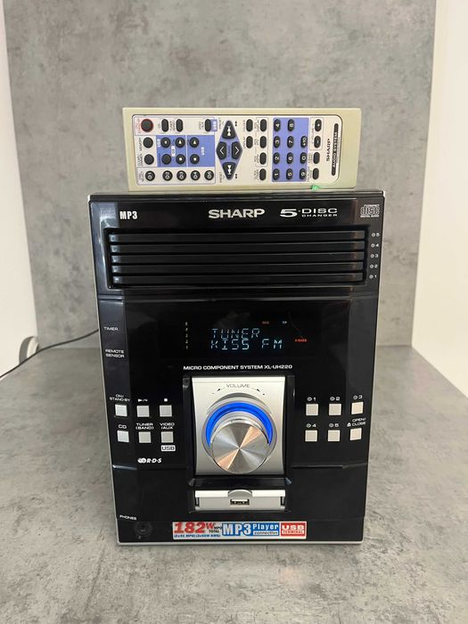 Sharp XL-UH220H micro hi-fi system with a 5-disc CD changer, FM/AM tuner, USB playback, and auxiliary input