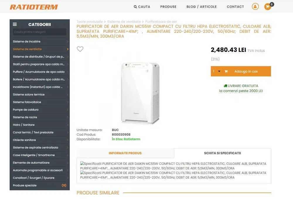 Purificator de aer - MC55W, Daikin, aproape nou, garantie valabila