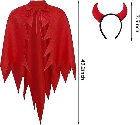 Комплект костюм за Хелоуин Дявол, червен назъбен плащ, рога