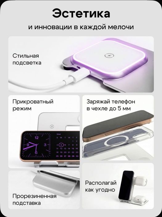 Беспроводная зарядная станция / Док станция / Быстрая зарядка / Белый
