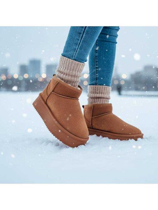 Botine tip UGG- cizme scurte îmblănite, culoare camel, confort termic