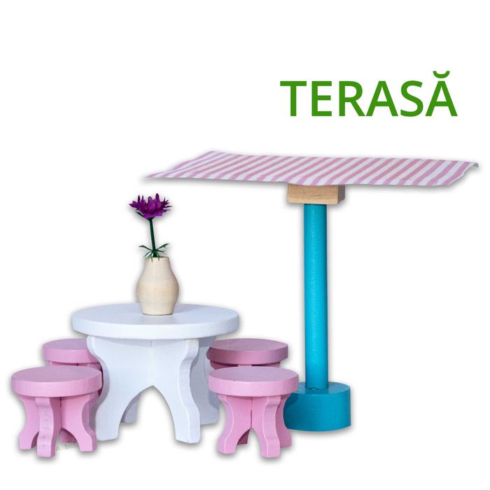 Casuta de papusi cu mobilier din lemn 6 papusi incluse