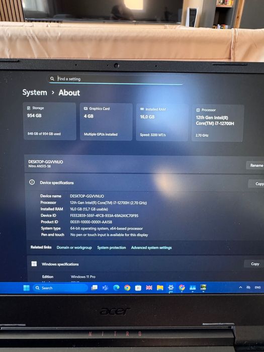 Acer nitro 5, i7 12700, RTX3050ti