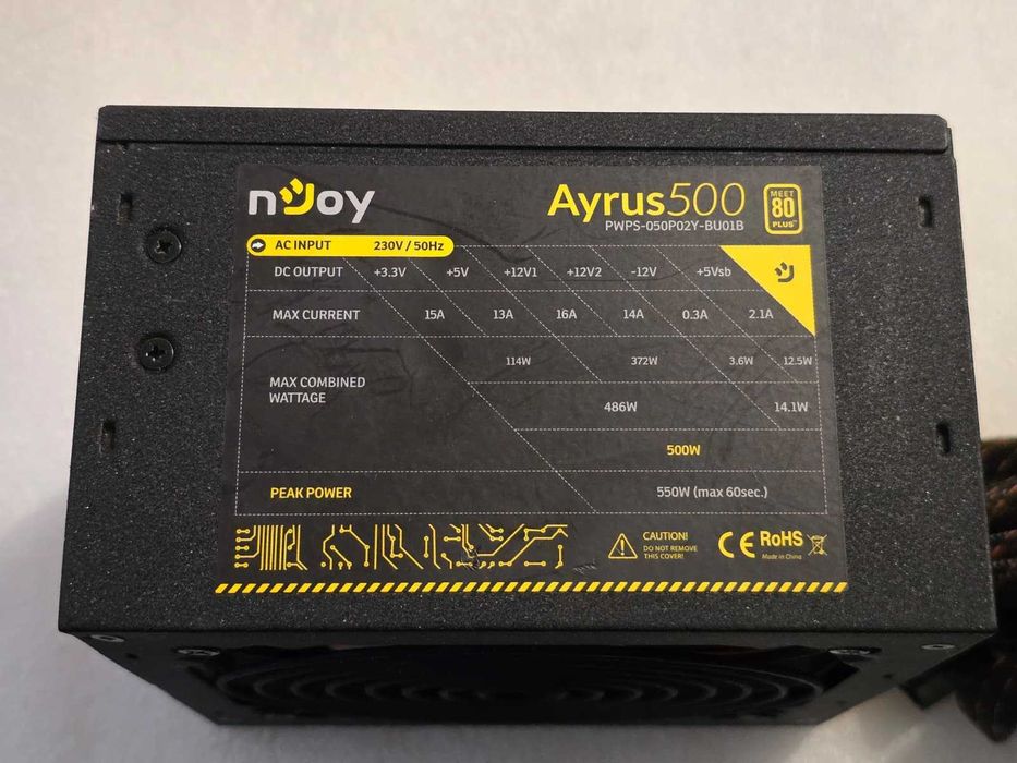 Sursa PC nJoy Ayrus 500W, Eficiență 80 Plus, 1x Alimentare PCI-E 6+2 Pin, 120mm