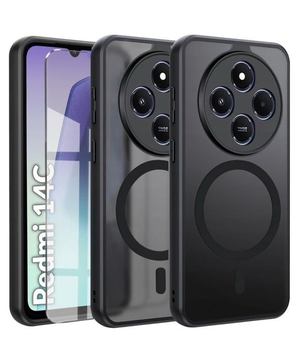 Husa Magsafe Magnetica Neagra si Folie Sticla - Xiaomi Redmi 14C