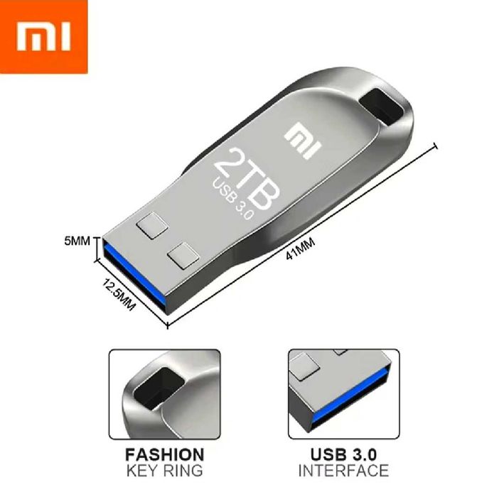 Нов USB памет преносим Xiaomi, 2 TB терабайта, 3.0, блестящо сребристо