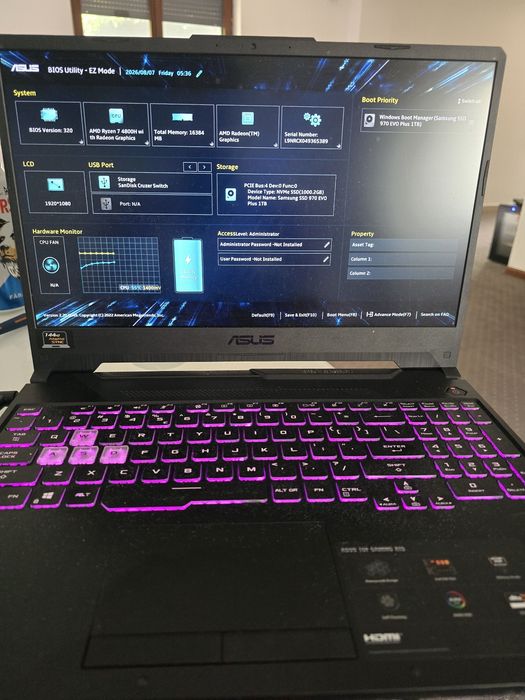 Laptop ASUS TUF Gaming A15, AMD Ryzen 7-4800.  GTX 1660 Ti 6GB, 16GB DDR4, SSD 512GB, partial Defect!