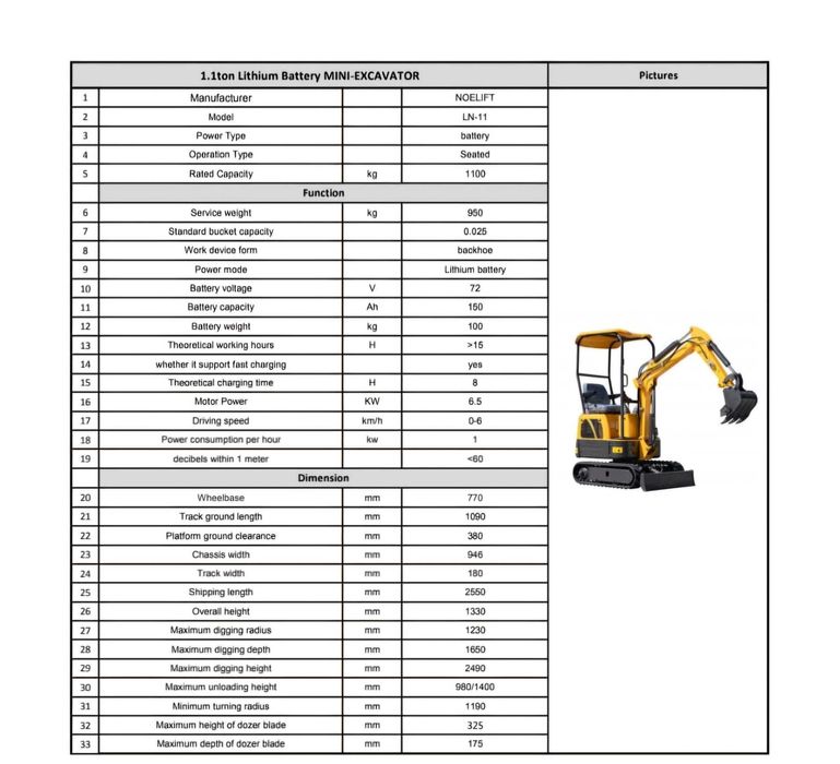 Mini-excavator full electric 1100 kg