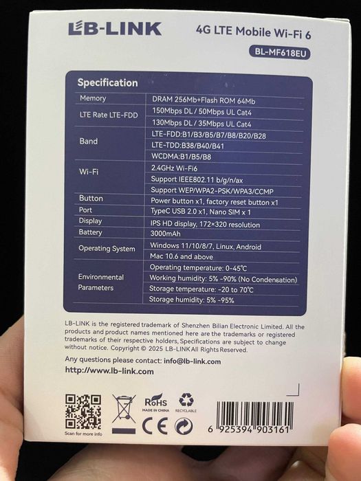 карманный wi-fi роутер с сим картой LB-LINK BL-MF618EU LTE CAT4 MiFi