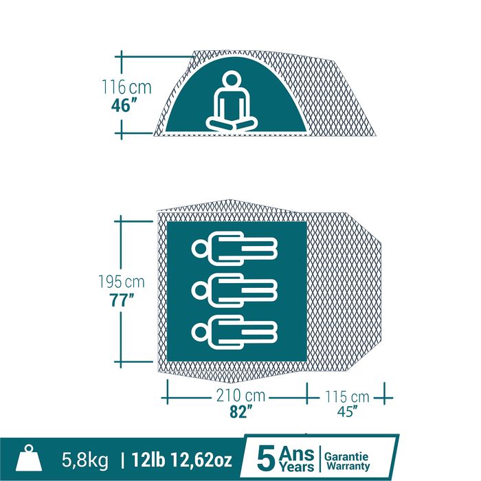Cort de camping 3 locuri, Mh100 Xl Fresh - produs resigilat Decathlon