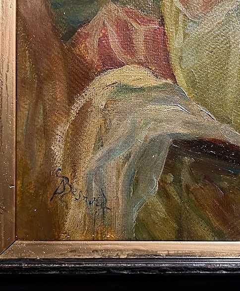 "Domisoara pe sofa" Tablou f VECHI, ulei/carton, 60x50cm+rama, semnat.