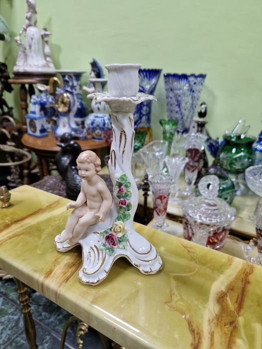 Страхотен рядък антикварен немски порцеланов свещник Dresden