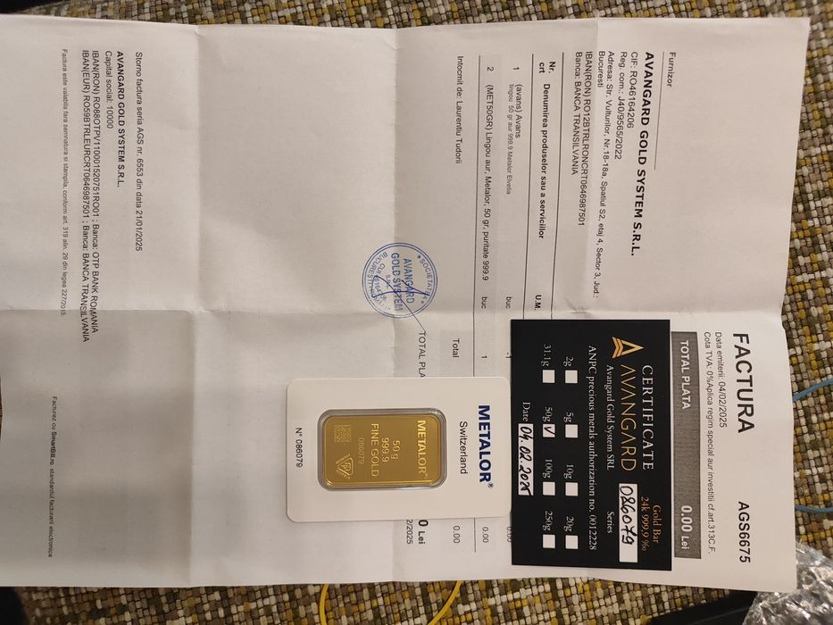 Lingou aur  24 k  ,puritate 999,9%cu acte și certificat