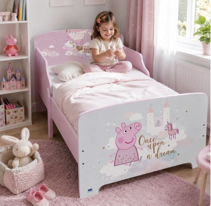 Детско легло Peppa Pig 140x70 см с ламелна основа – Розово легло с Пепа Пиг, замък и еднорог