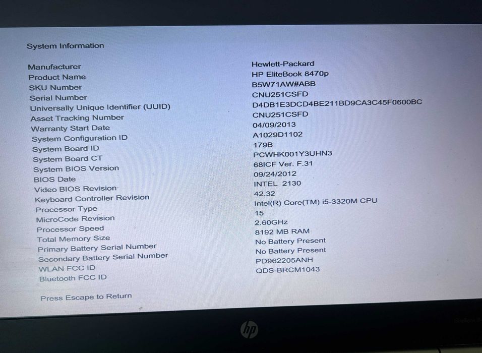 Laptop HP EliteBook 8470p i5-3320M – fără HDD, RAM, baterie