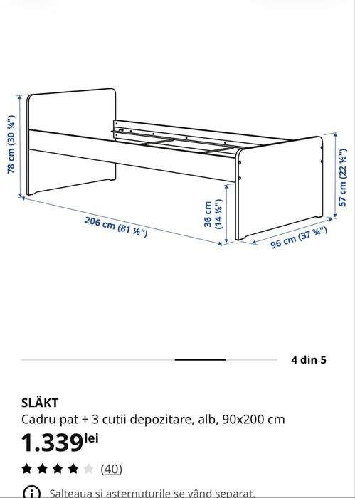 Pat copii/adolescenti Ikea Slakt 90x200 cm cu depozitare +somiera