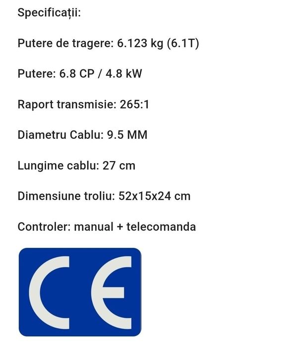 Troliu Auto  VEVOR 13500 lbs. 6.1 Tone Cablu Sintetic FACTURA ȘI GARANTIE