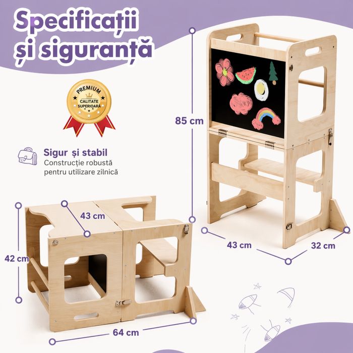 Turn de învățare (Learning Tower) Montessori 3 în 1 din lemn – Scaun + Masă + Tablă – Pliabil, Sigur, 68 kg