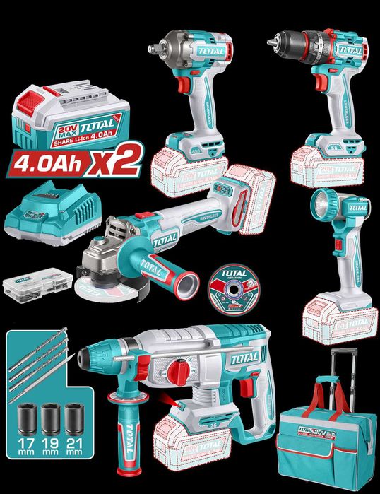 TOTAL TCKLI20592E KIT COMBO 5 Scule cu Acumulator  20V Brushless Rotopercutor,Bormașină cu Percuție,Polizor Unghiular și Mașină de Înșurubat cu Impact