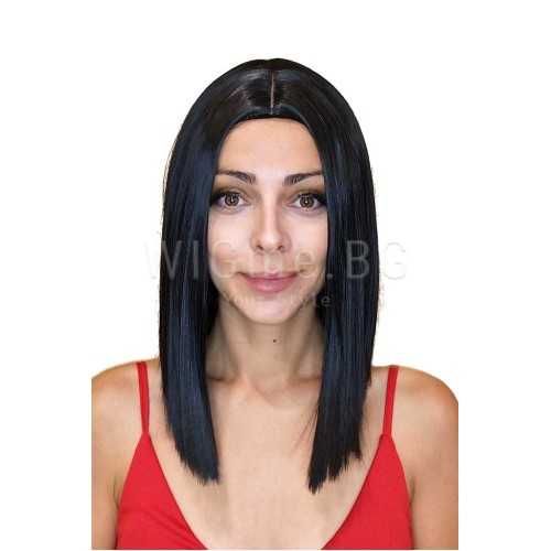 Средна дължина права черна перука с бретон Аделина