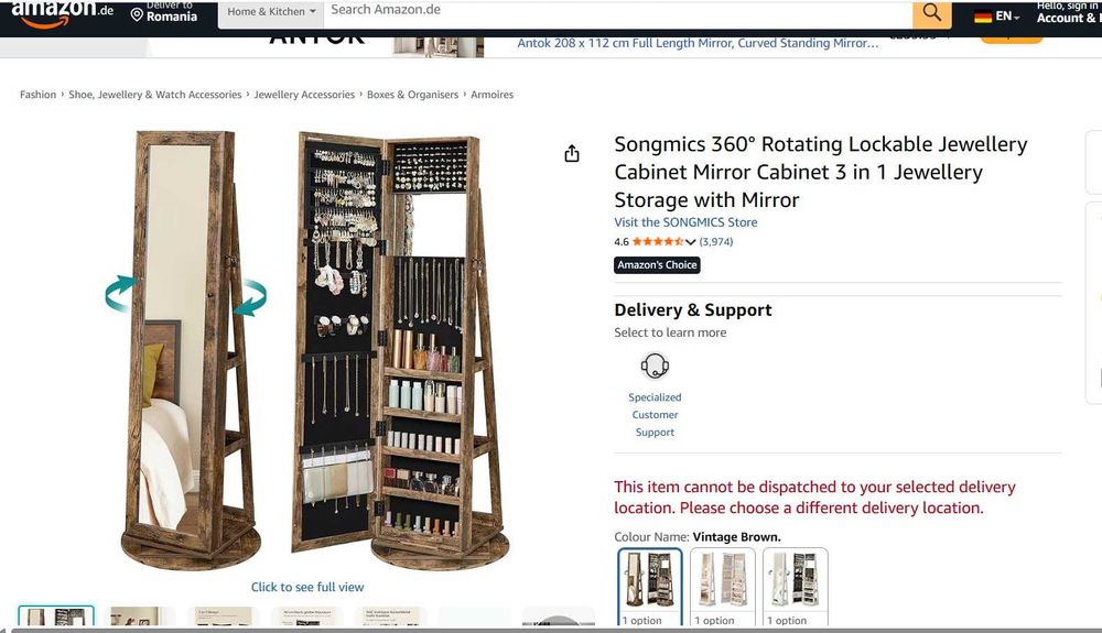 Songmics – Dulap pentru bijuterii cu oglindă, rotativ la 360°