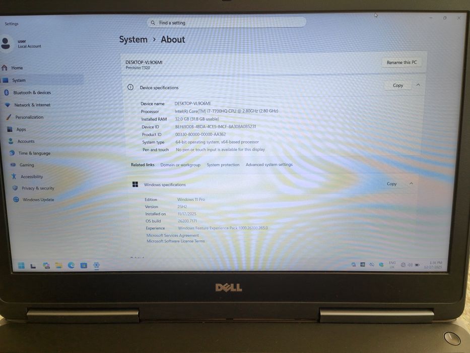 Laptop Dell Precision 7520 i7-7700HQ 32GB 512GB Quadro 2GB FullHD