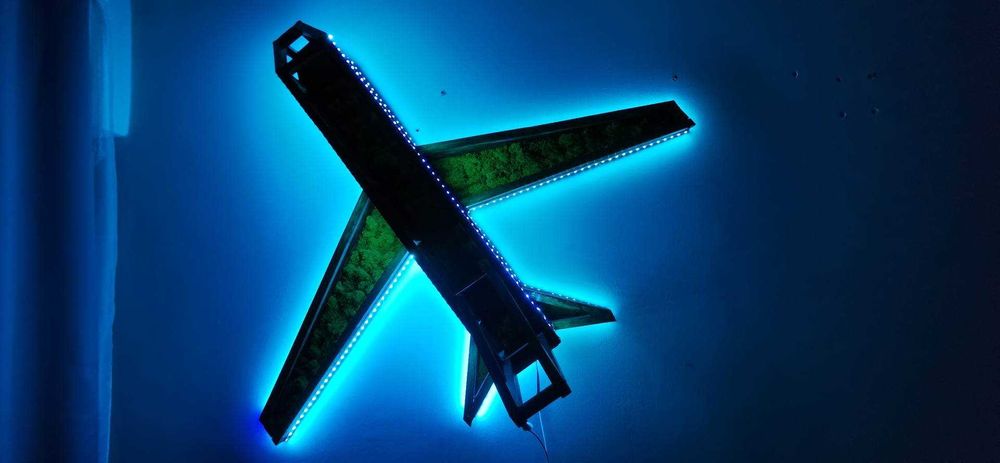Decoratiune - Avion din lemn realizat manual cu licheni si led-uri rgb