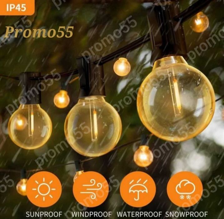 Светлинна Верига 20Бр. Външни Нечупливи Лед Крушки за  Декорация 10м