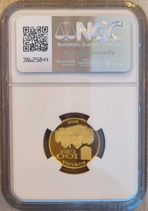 Moneda aur BNR 100 Lei, Eugeniu Carada, gradata NGC PF 68 UC