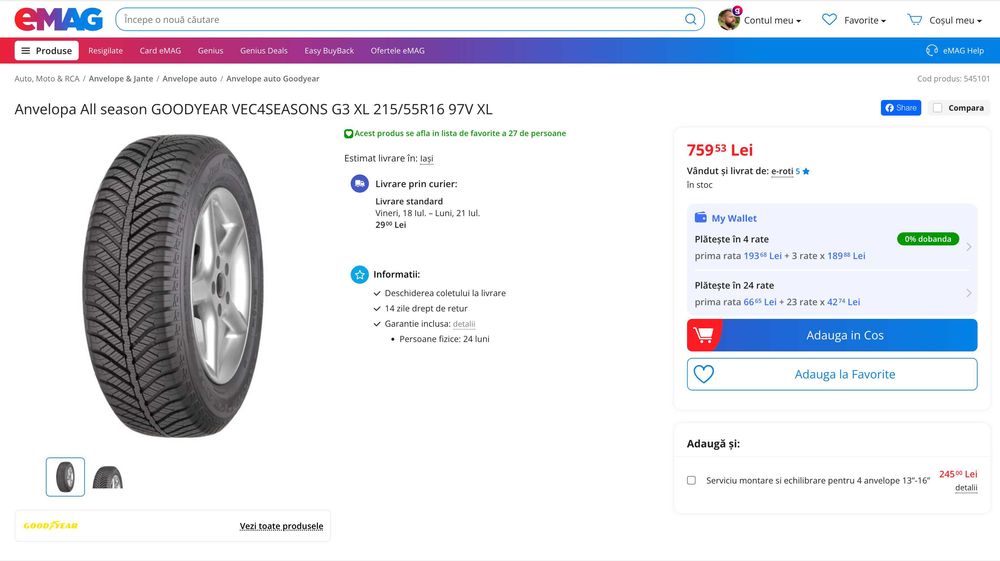 4 Anvelope NOI - All season GOODYEAR G3 XL 215/55/R16 97V XL