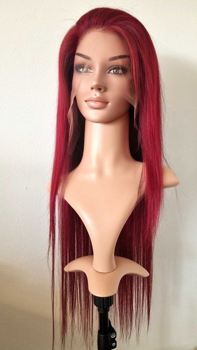 Естествена бордо тъмно червена дантелена перука 80 см - 13x6 Lace