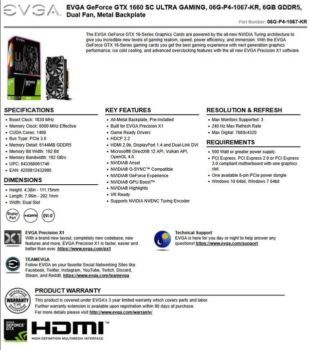 Геймърска видеокарта EVGA GTX 1660 SC ULTRA GAMING 6GB