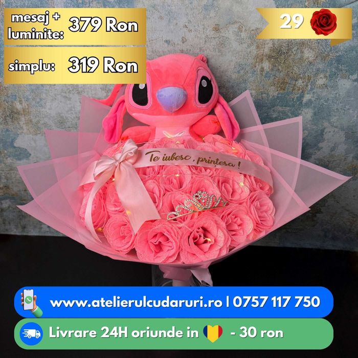 Buchete de flori cu Stitch Roz & Albastru | Livrare in 24h