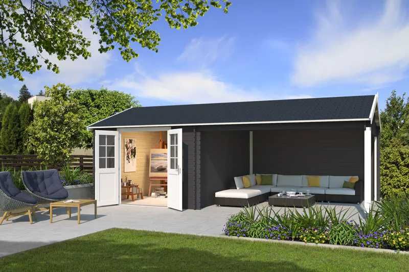 Градинска дървена къща с навес за BBQ El Paso 6.8х3.8м, 28 мм Смърч