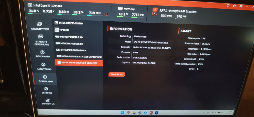 Лаптоп HP Victus 15 i5 12450h (8/12) RTX 4050 16 RAM 512SSD